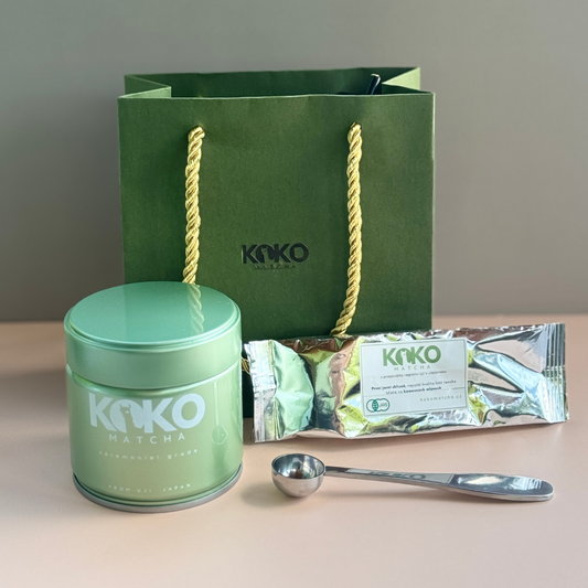 Matcha plechovka + nerezová odměrka